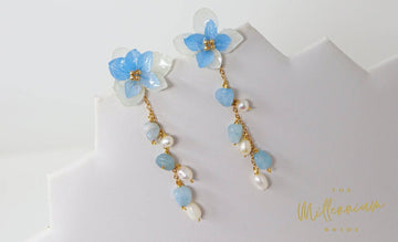 Real Immortal Blue White Flower Freshwater Pearls Earrings, Long Bridal Jewelry, Bridal Earrings Statement Earrings Cz
